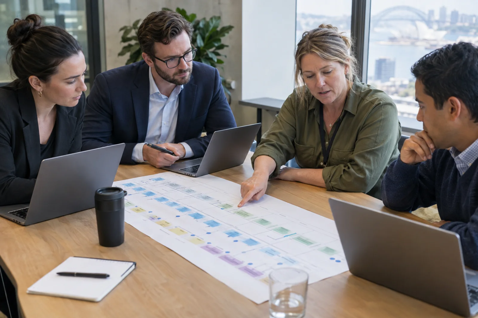 Consultants and client staff working side by side over a printed service blueprint.